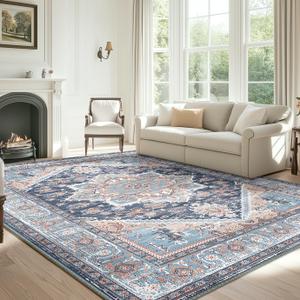 BESTSWEETIE 8x10 Area Rugs for Living Room Washable Non Slip Carpet Low Pile Soft Vintage Print Pattern Rug for Bedroom Dining Room Kitchen Entryway Indoor-Navy Blue/Light Blue/Natural/Brick