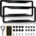 OLLEN Gloss Black Heavy Duty License Plate Frames, 2 Pack Aluminum Alloy Car Plate Holder Bracket, with Screw Caps, Rattle Proof Pads, Black