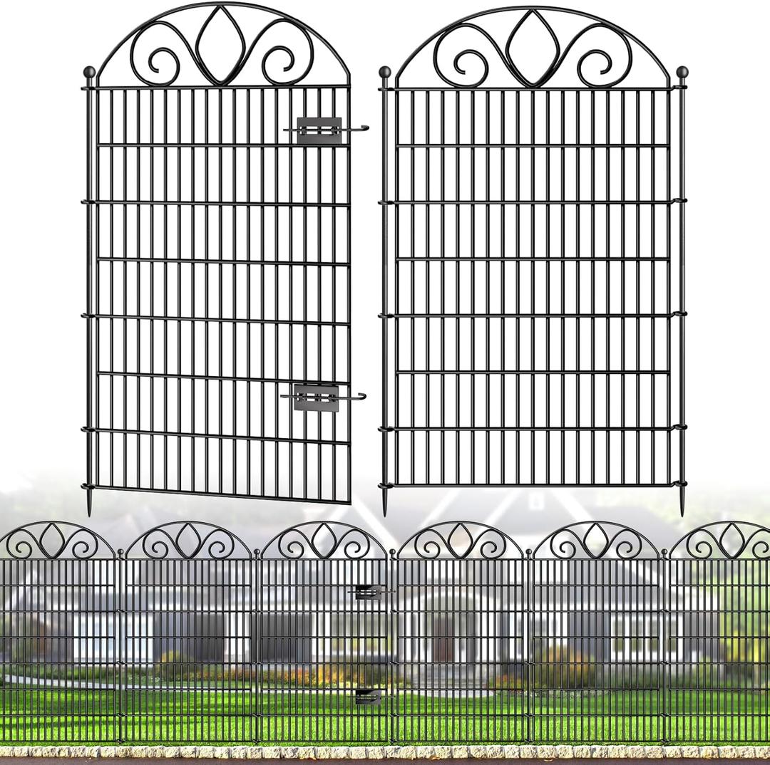 8 Panels No Dig Tall Garden Fence with Gate  48" H X 21' L Rustproof Metal Dog Fence Outdoor for Yard, Decorative Animal Barrier Fence for Pet, Garden Border, Patio, Flower | Temporary Fencing