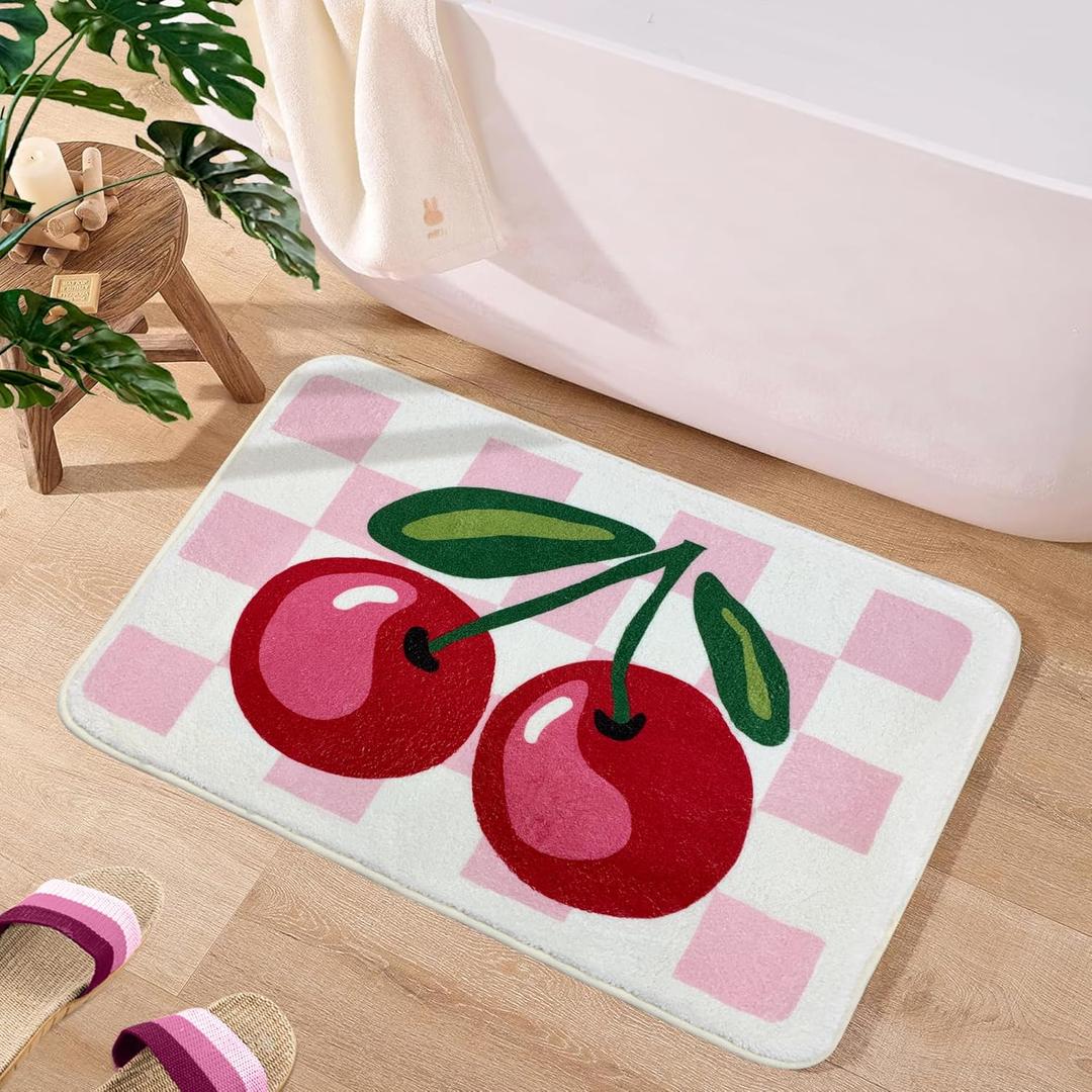 Cute Cherry Bath Mat for Bathroom Checkered, Non Slip Extra Soft Fluffy Absorbent Microfiber Fun Shower Decor (Pink 18"x26")