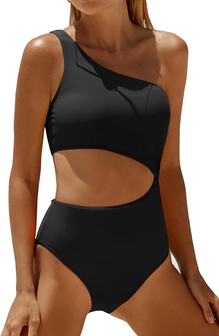 Women's One Piece Swimsuit- One Shoulder Bathing Suit Cutout Tummy Control Swimwear (Black)