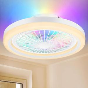 2-in-1 Low Profile Ceiling Fan with Light, 20 Caged Safety Design for Kids - Back RGB Color, Smart APP/Remote Control, Quiet Flush Mount DC Motor, Ideal for Bedroom/Living Room/Kitchen, White