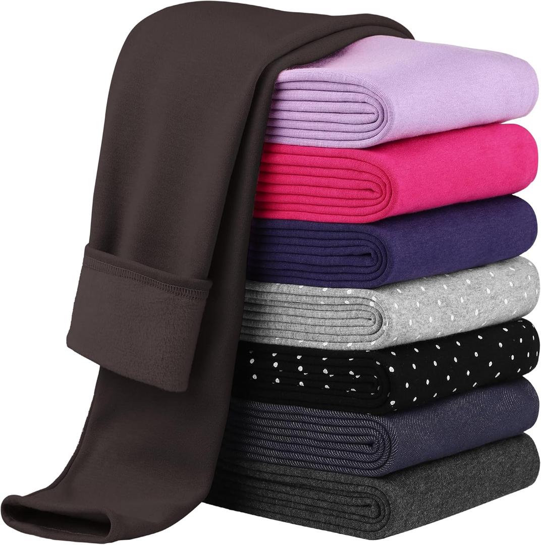 Cooraby Girls Cotton Fleece Lined Leggings Thick Thermal Pants Kids Basic Full Length Tights Winter Warm Clothes (6-7 Years, Coffee)