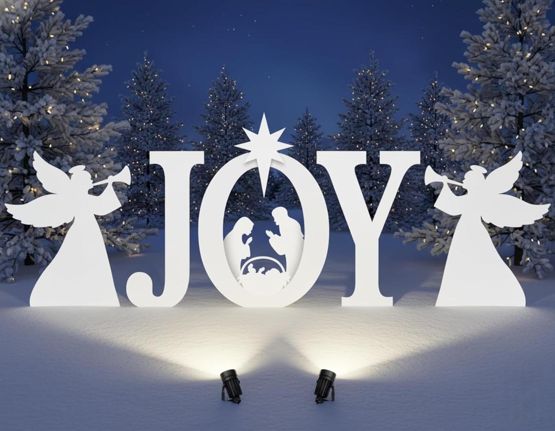 Christmas Joy Nativity and Angels Outdoor Decoration with Spotlight, JOY Christmas Nativity Scene Yard Signs Lawn Decor Weather Resistant PVC Silhouette Outdoor, White