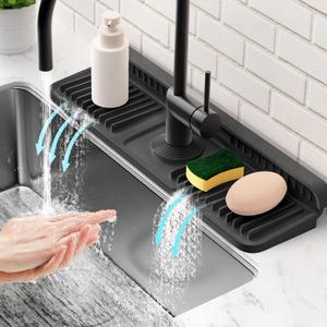 17.7'' Folding Faucet Mat for Kitchen Sink Splash Guard[7 Slope Fast Self-draining][Snap Lock Fit] Kitchen Sink Faucet Mat Splash Guard Kitchen Sink Area Water Splash Guard Behind Faucet Draining Mat (Black)
