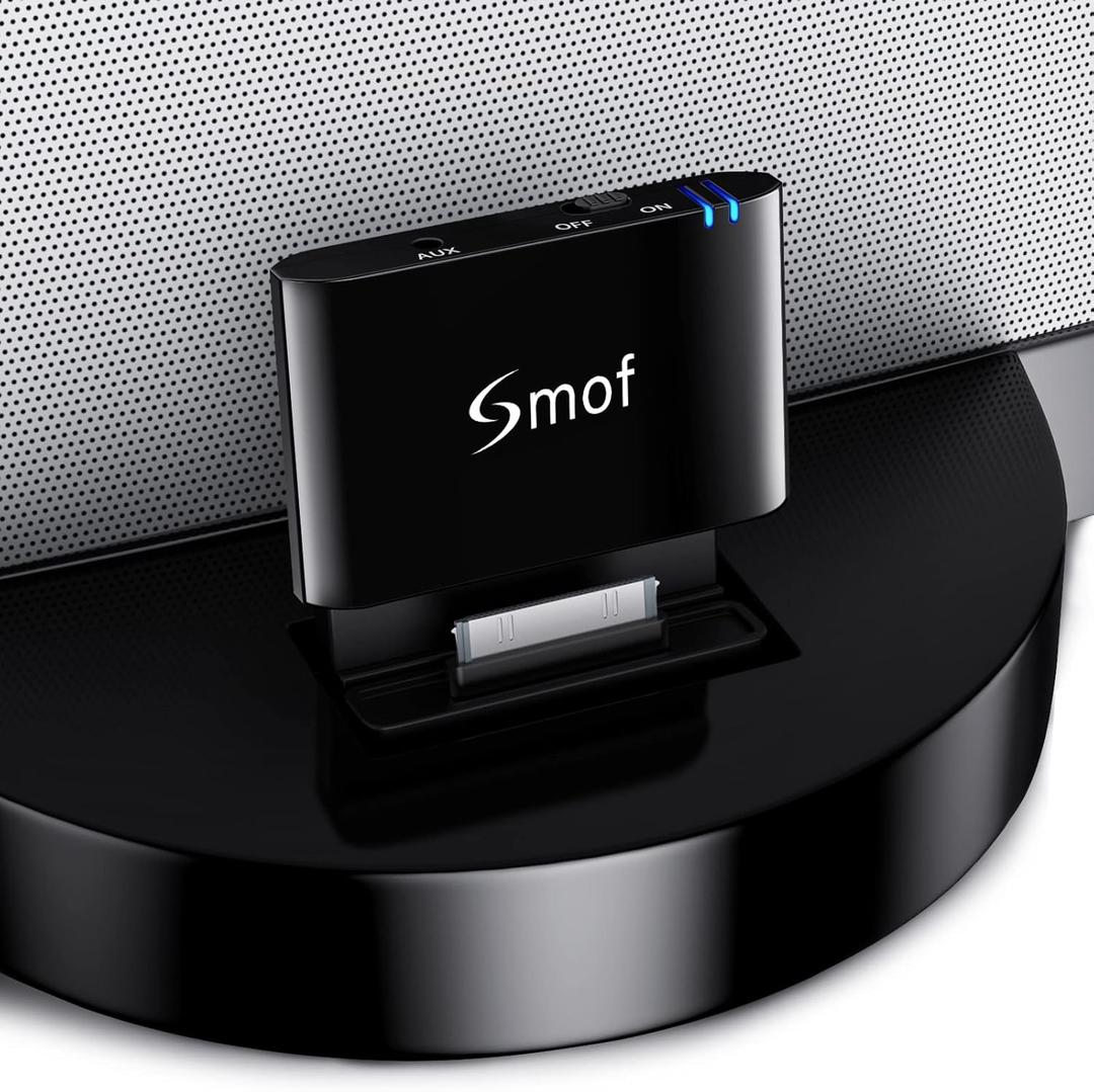 Smof (Not for Car or Motorcycle) 30 Pin Bluetooth Adapter Receiver for Bose Sounddock iPod iPhone Music Docking Station and Other 30 Pin Dock Speakers Bluetooth Audio Receiver with 3.5 mm Audio Cable
