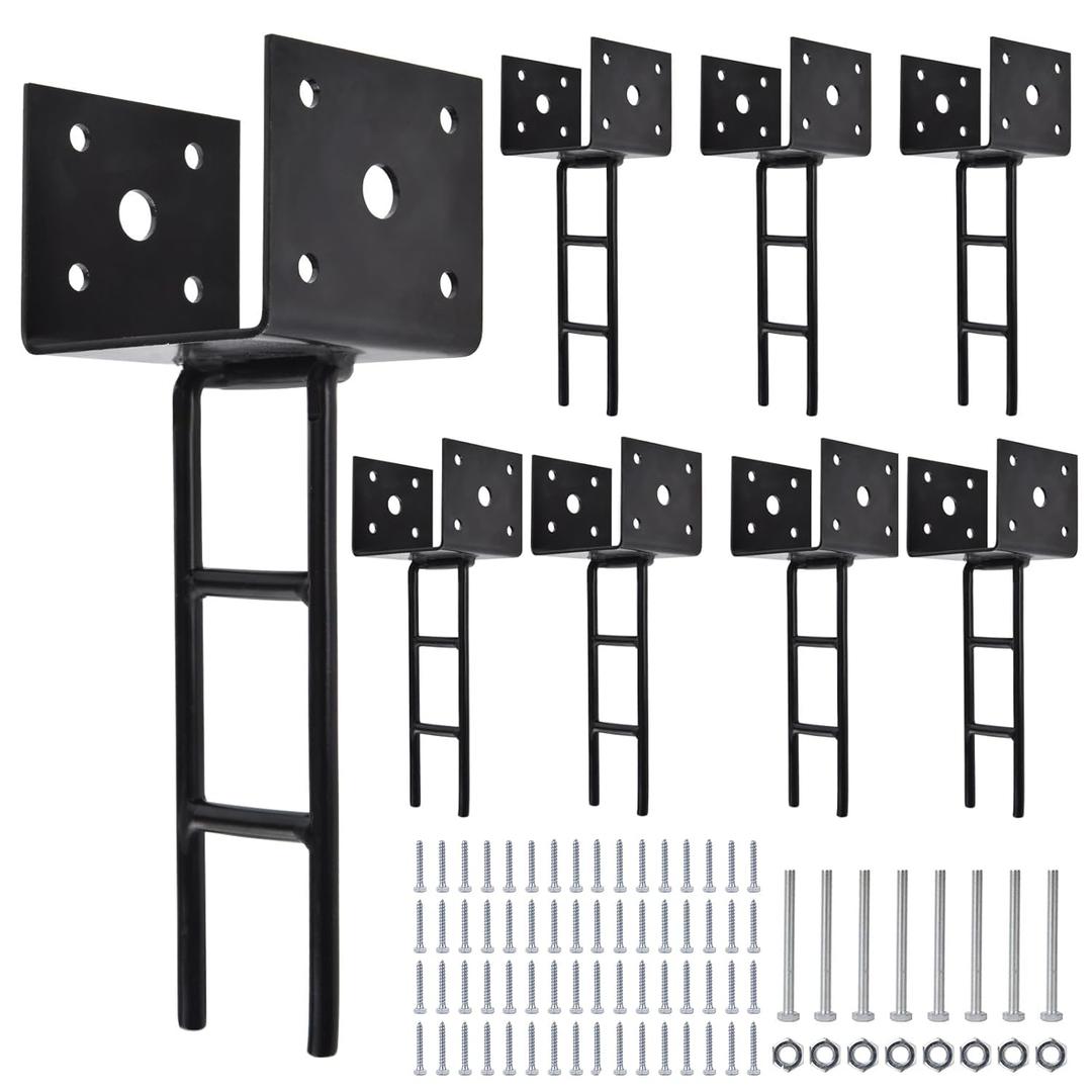8 Pack U Shape Post Anchor, 4"x 4" Post Base for Concrete, Design Patent Product, 11 Gauge 3 mm Thickness Galvanized Black Pergola Deck Bracket with Screws(Inner Dia 3.6x3.6)