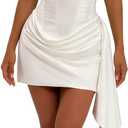 Women Satin Corset Prom Dresses Strapless Formal Evening Gown Cocktail Party Mini Dress with Scarf (White, L)