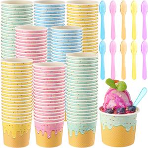 80 Pack 6 oz Ice Cream Cups with Spoons Paper Dessert Cups Colorful Sundae Bowls Disposable Ice Cream Containers for Hot Soup Spring Summer Graduation Bar Party Supplies