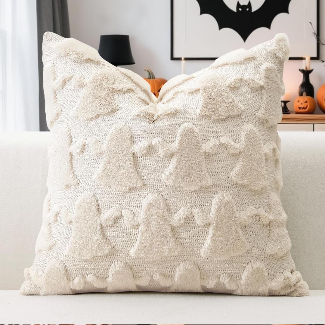 Set of 1 Ghost Pillow Cover Halloween Throw Pillow Covers for Sofa Couch Bed Living Room Soft Plush Short Wool Velvet Farmhouse Pillowcase for Thanksgiving Pure White, 40*60