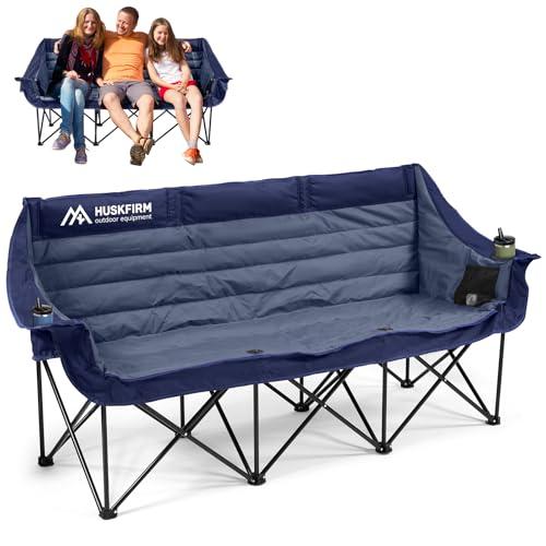 Huskfirm 3 Person Camping Chairs Folding Double Camping Chair Portable Oversized Loveseat Padded Camp Chair Heavy Duty Camping Couch for Adults Outdoor Lawn with Two Cup Holders and Carry Bag Blue