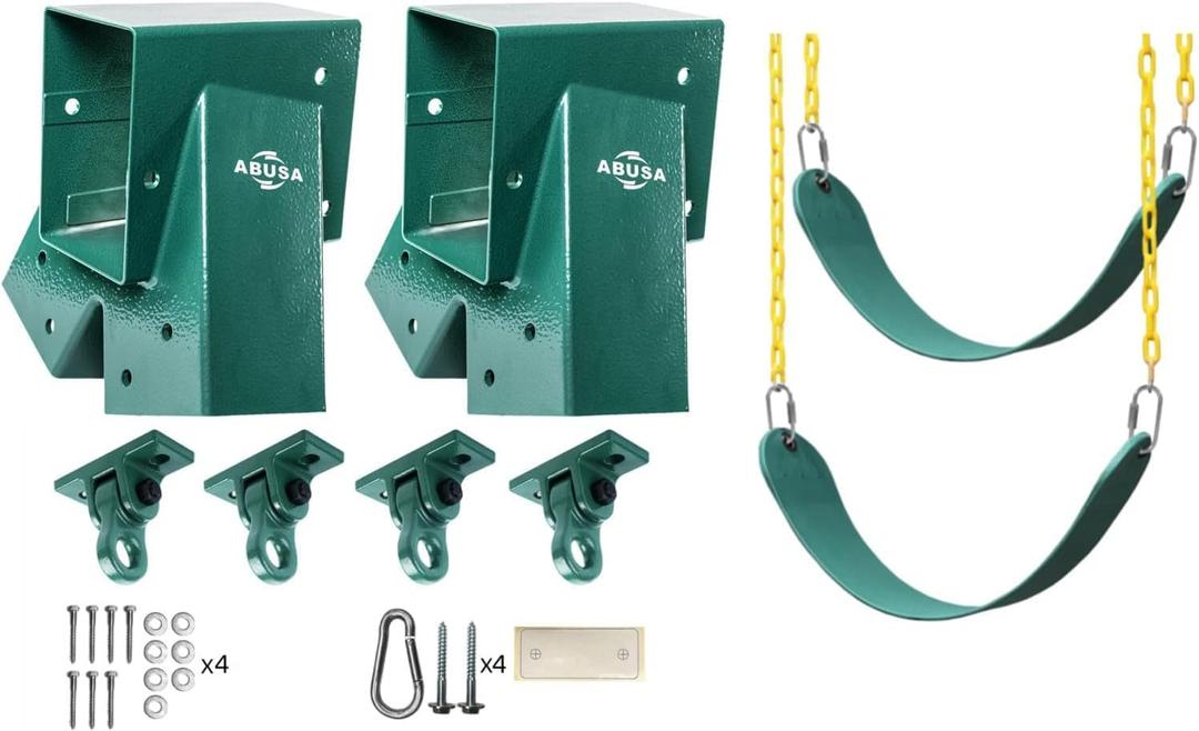 ABUSA Heavy Duty Swing Sets Brackets Including 2 Green A-Frame Swing Set Brackets 2 Green Swing Seats and 4 Greenn Swing Hangers for Playground Equipment Mounting Parts Hardware Included (G007)