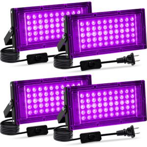 4 Pack 50W Black Light, LED Blacklight Flood Light with US Plug and Switch, Black Lights for Glow Party, Halloween, Body Painting, Birthday Party, Fluorescent Painting and Fluorescent Tapestry