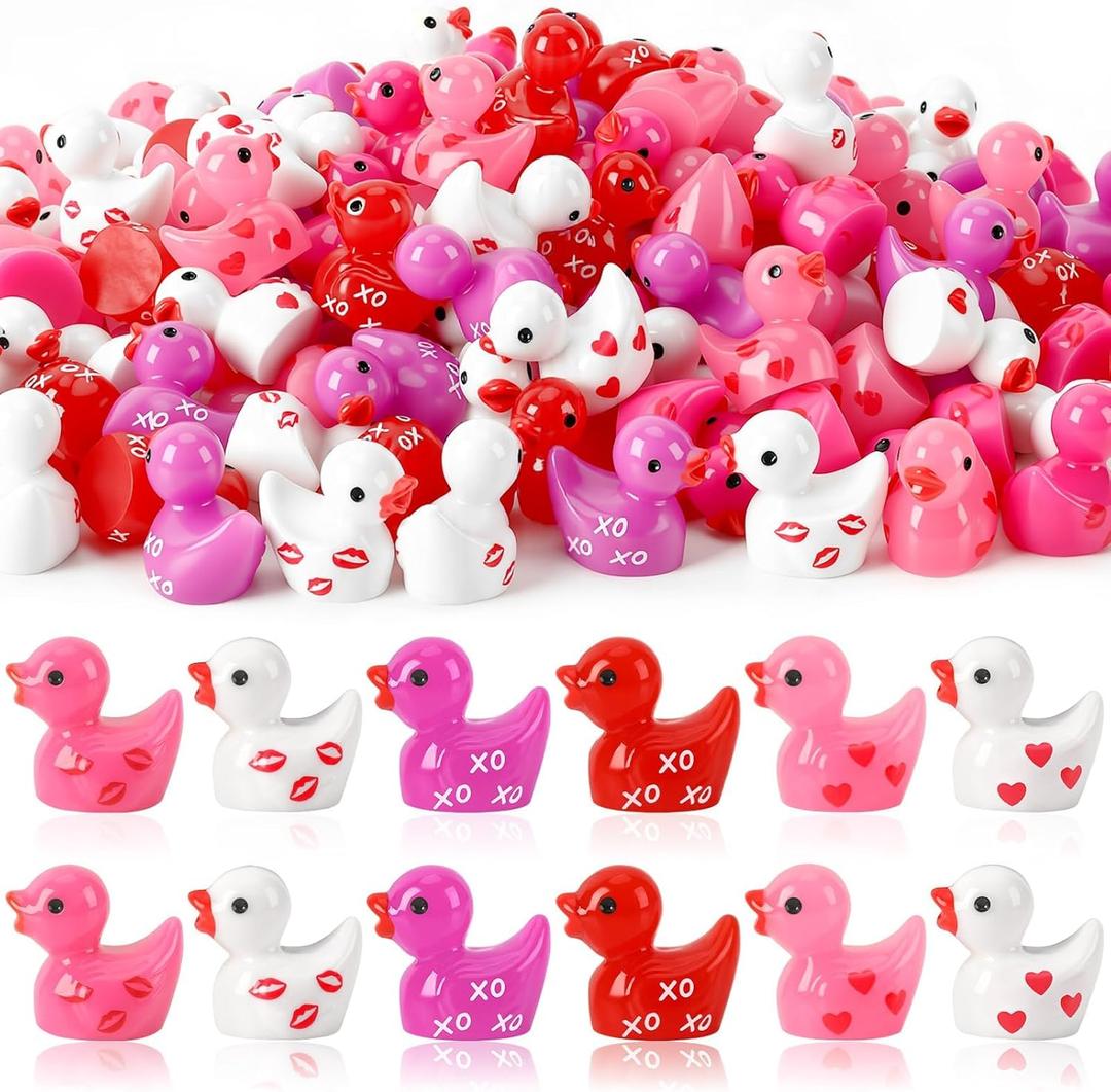 JUNEBRUSHS 50 Pcs Valentine's Day Mini Ducks, Pink Red Tiny Resin Ducks Heart Duck Figures Miniature Ornaments for Vase Filler Jewelry Making DIY Crafts Party Gifts Decorations