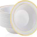 JOLLY PARTY 100PCS Plastic Bowls with Gold Rim-12oz disposable Soup Bowls, Christmas Thanksgiving Premium Dessert Salad Bowls for Wedding/Party