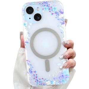 LSL Designed for iPhone 15 Case [Drop Protection/Compatible with Magsafe] Cute Flower Magnetic Phone Case for Women Girly TPU Bumper Floral Cover Purple