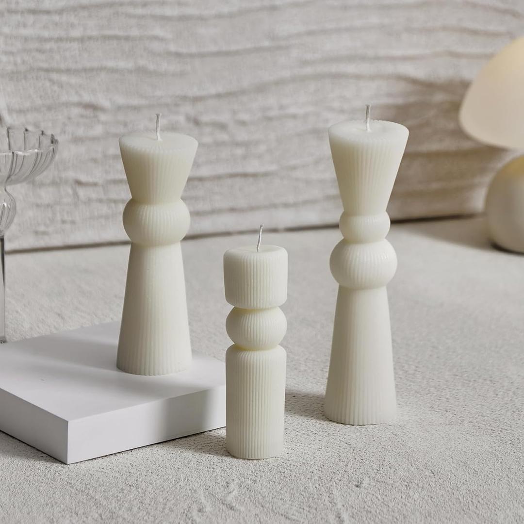 3Pcs Pillar Candles Set - Handmade Ribbed Design for Modern Home Decor, Housewarming Gift, Room & Shelf Aesthetic Decoration, Long-Lasting Burning (White)