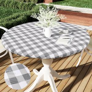 Smiry Round Picnic Tablecloth, Elastic Waterproof Fitted Vinyl Tablecloths for 42"-50" Tables, Flannel Backed Buffalo Plaid Table Cover for Dining, Camping, Outdoor, White and Grey