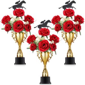 Kenning 3 Sets Derby Day Horse Racing Party Decorations Centerpiece Kit with 4.3x8.1inches Trophy Awards, Artificial Rose and Horse Sticks Decor, Race Table Toppers for Derby Party Supplies