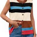 Tankaneo Womens Color Block Striped Sweater Vest Tops Summer Casual Button Up Knit Sleeveless Cardigan Tank Tops (L)