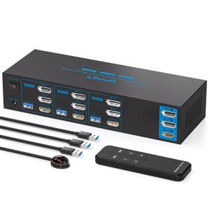4K144Hz Displayport KVM Switch 3 Monitors 3 Computers 1 HDMI 8K30Hz KVM Switches Triple Monitor for 3 PC Share 3 Screens and 4 USB 3.0 Ports with Controller (3 PC 3 Monitors, Deep Blue)