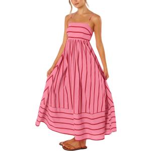 chouyatou Women's Striped Back Smocked Maxi Dress Sexy Spaghetti Strap Cut Out Flowy Swing Long Dress (Pink, M)