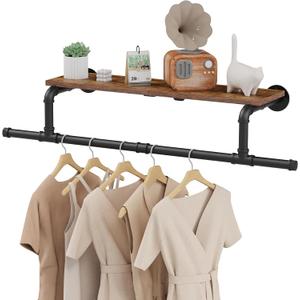 Wall Mounted Garment Rack with Top Shelf, Space Saver Industrial Pipe Clothes Rack, Heavy Duty Iron Shelf with Hanging Rod, 37.610.25.9 Inch, Black