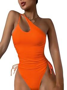 Lilosy Sexy Shoulder Tummy Control One Piece Swimsuit Ruched High Cut Leg Rise Bikini Cutout Thong Cheeky Brazilian Bathing Suit Women Drawstring String Tie Side Monokini Neon Orange X-Large