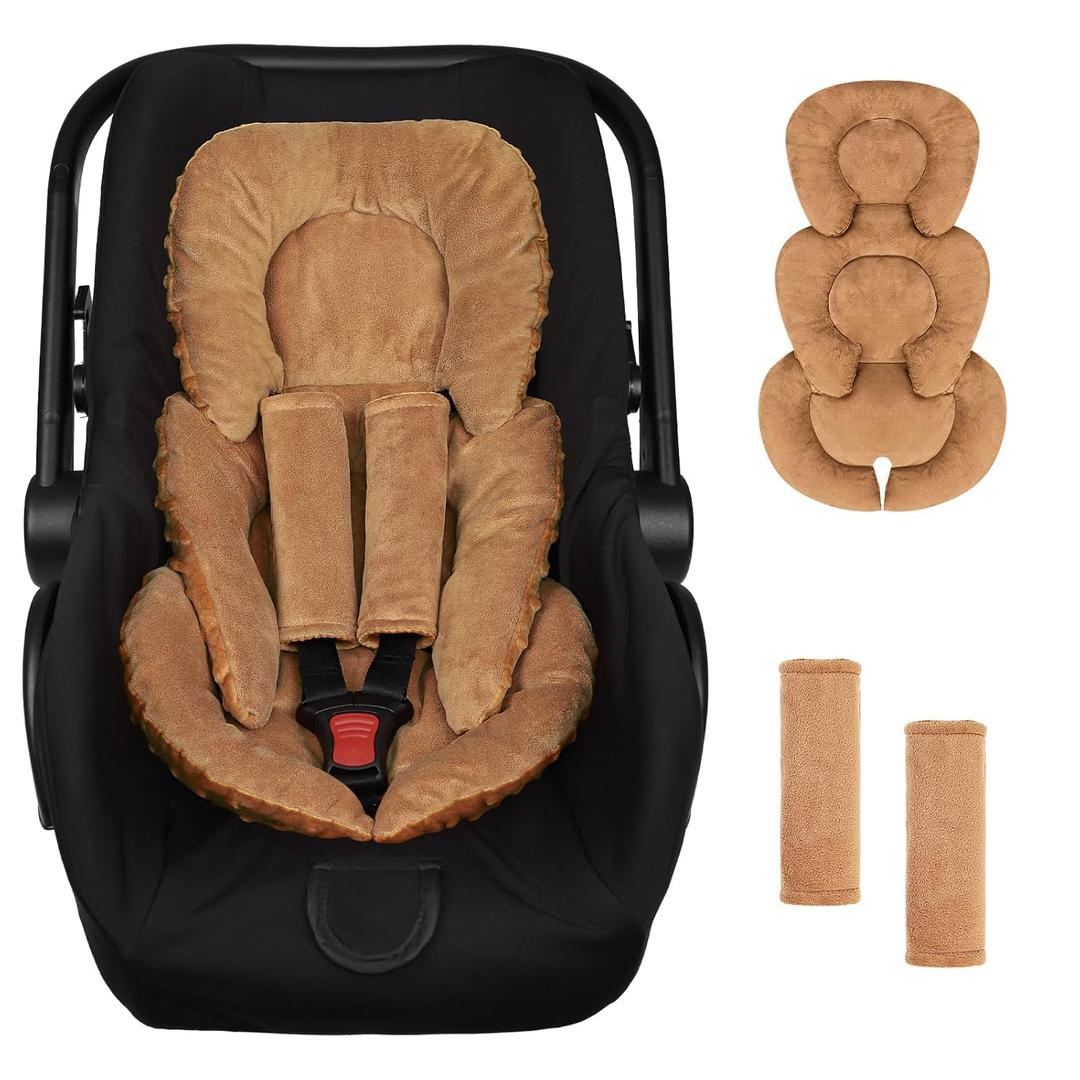 GFU Infant Car Seat Insert Head and Body Support, Reversible Newborn Insert for Carseat with Strap Pads, Soft Stroller Cushion Pillow Insert for Boys and Girls, Fits for Stroller, Swing, Brown