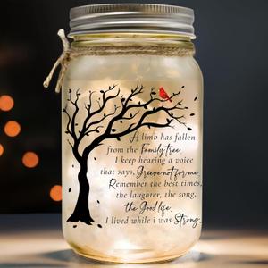 Memorial Gifts Mason Jar Light, Red Cardinal - Memory Gifts for Loss Loved Ones, Bereavement Gift Idea, Sympathy Loss of Mother, Dad, Son, Husband/Family Member A Limb Has Fallen From Our Family Tree (16oz)