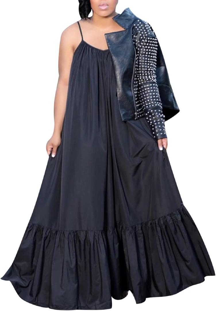 Adogirl Women's Sexy Spaghetti Strap Sleeveless Ruched Ruffle Hem Bandage Oversized Beach Loose Long Maxi Swing Dress (Large, Black)