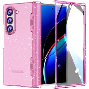 FABSPARK Case for Samsung Galaxy Z Fold 6 Built-in Screen Protector,Hinge Protection,Sparkly Bling Glitter Crystal Clear Transparent Slim Fit Acrylic Hard PC for Samsung Z Fold 6 Case,Glitter Pink