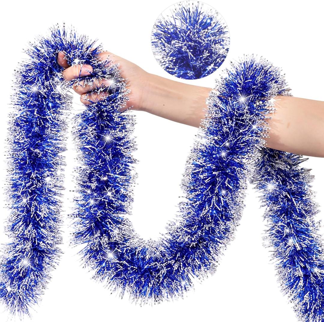 50 Feet Blue Christmas Tinsel Garland for Christmas Tree Decorations, Xmas Metallic Twist Shiny Hanging Garland Decor for Mantle Stairs Fireplace Home Holiday Indoor Outdoor