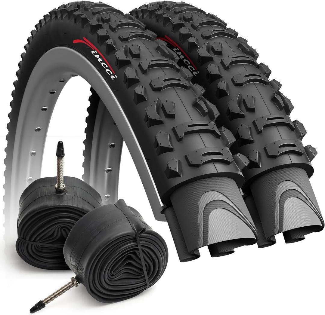 Fincci Set 26 x 1.95 Inch 50-559 Foldable Tires with Schrader or Presta Valve Inner Tubes for MTB Mountain Hybrid Bike Bicycle