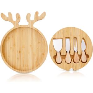 Remerry Christmas Serving Platter Cutting Board Set, Christmas Serving Tray Bamboo Tray and Knife Set Elk Charcuterie Board Platter Food Plate Kitchen Gifts for Cheese Candy Dish Plate Xmas Home Party