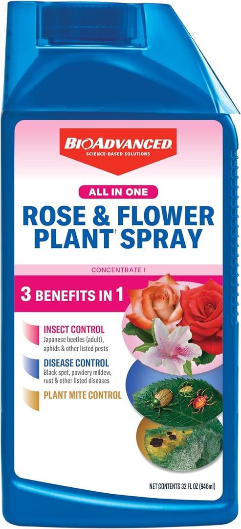 BioAdvanced All-in-One Rose & Flower Plant Care, Concentrate, 32 Ounce, Aphid Spray for Outdoor Plants, Fungicide for Plants