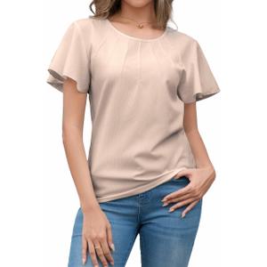 DeXianLai Womens Dressy Chiffon Blouses Summer Puff Petal Short Sleeve Shirts Beach Vacation Clothes for Women Fashion Clothing Apricot L