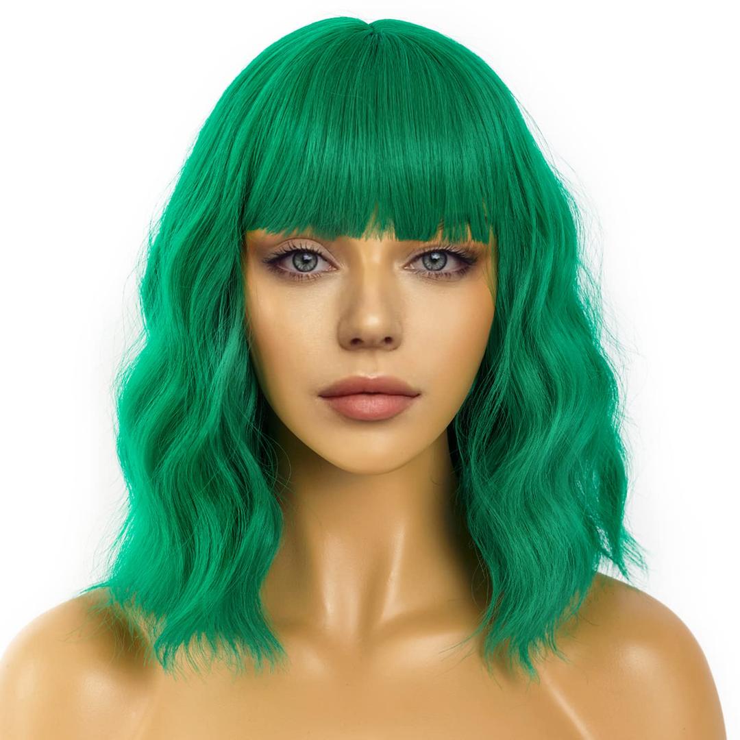 Short Bob Wigs with Bangs for Women Loose Wavy Wig Curly Wavy Shoulder Length Bob Synthetic Cosplay Wig for Girl Colorful Costume Wigs (Green)