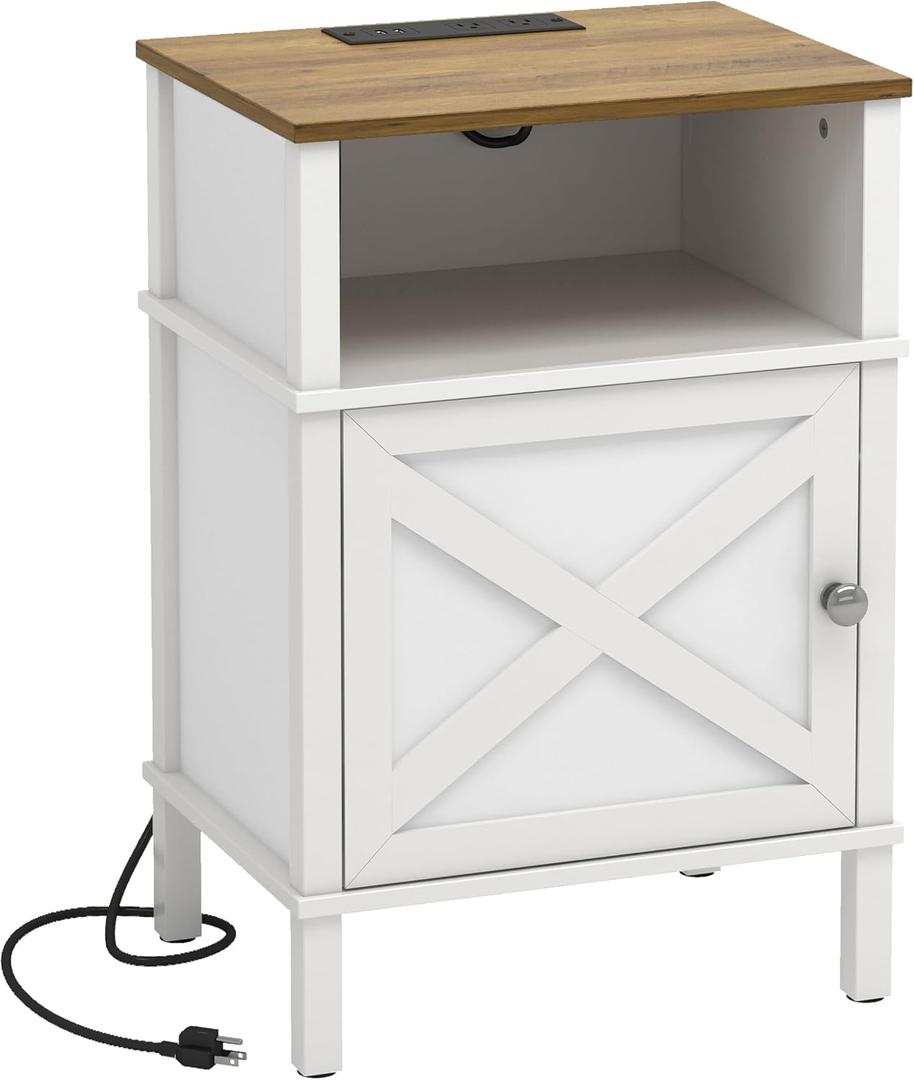 Farmhouse Nightstand with Charging Station, White Bedside Table with USB&Type-C Ports and Outlets, End Table with Storage, Night Stand for Bedroom, White and Rustic Brown WGBZ0601WFE 11.8"D x 15.32"W x 23.6"H