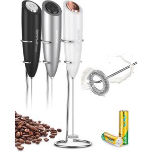 SIMPLETASTE Milk Frother Handheld Electric Foam Maker, Drink Mixer with Stainless Steel Whisk for Cappuccino, Bulletproof Coffee, Latte, White, with Stand, Battery Operated