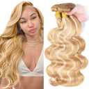 CUEAKOUE P27/613 Highlight Body Wave Bundles Human Hair Honey Blonde Bundles 14 16 18 Inch 12A Unprocessed Brazilian Virgin Hair Ombre 3 Bundles Human Hair Extensions For Black Women 300g Total