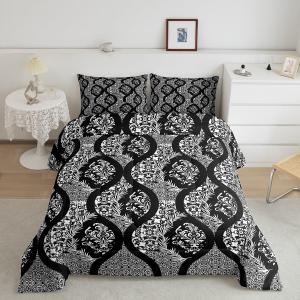 Feelyou Damask Pattern Comforter Set Queen Size Kids White Vintage Floral Comforter for Boys Girls Teens Black Geometric Stripe Bedding Set Baroque Style Duvet Set Room Decor (Multi 16)