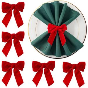 APTWOW Christmas Napkin Rings Set of 6 - Red Bow Velvet Napkin Holders, Chic Xmas Holiday Napkin Rings for Birthday Party, Anniversary Dinner, and Wedding Table Decorations