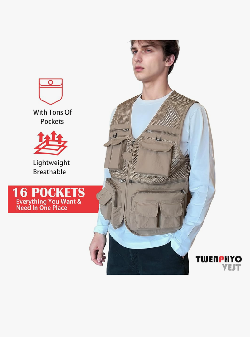 Versatile Men's Summer Vest for Fishing, Travel, Outdoor Work, Safari and Photography with Multiple Pockets, Size L