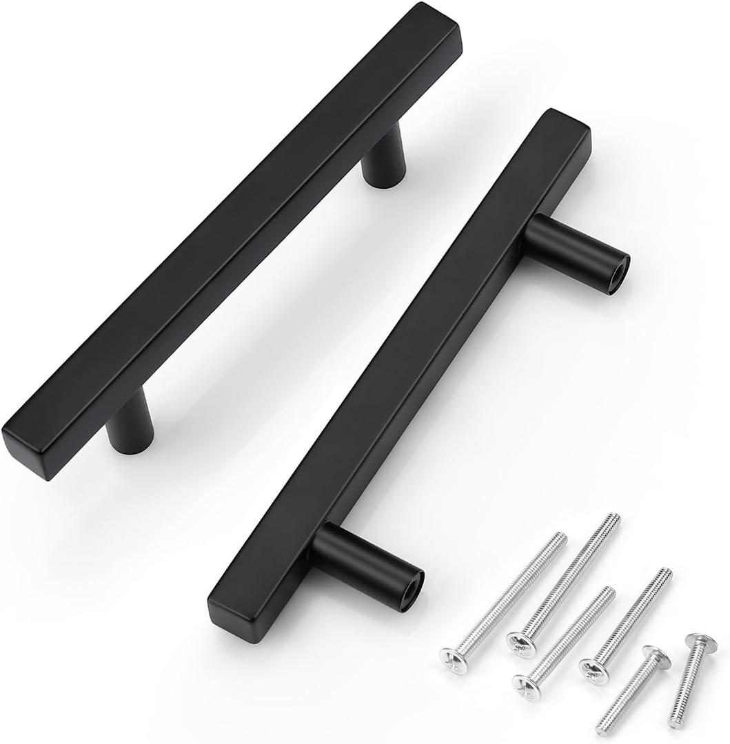 KNOBWELL 10 Pack 3-1/2" Black Kitchen Cabinet Pulls Square, 90mm Hole Center Stainless Steel Black Dresser Drawer Pulls 5-3/5" Overall Length