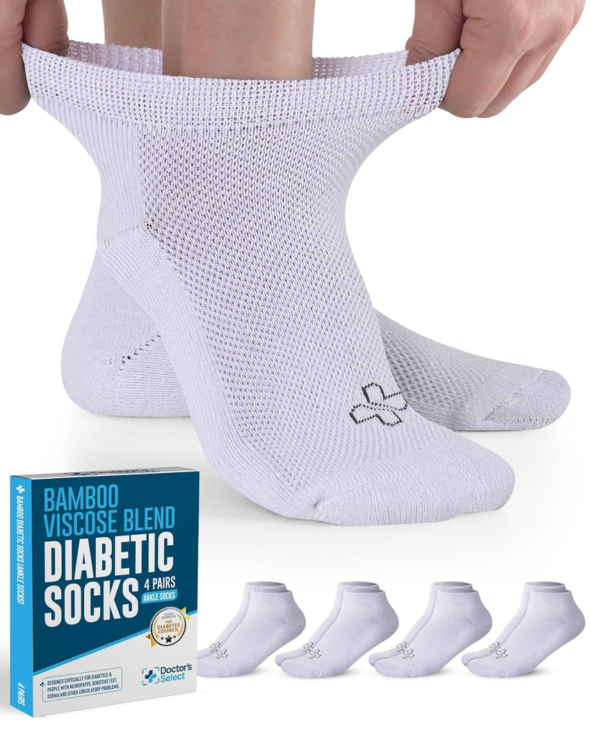 Doctor's Select Bamboo Viscose Ankle Diabetic Socks for Women & Men - 4 Pairs | Low Cut Moisture-Wicking Loose Fit Socks L