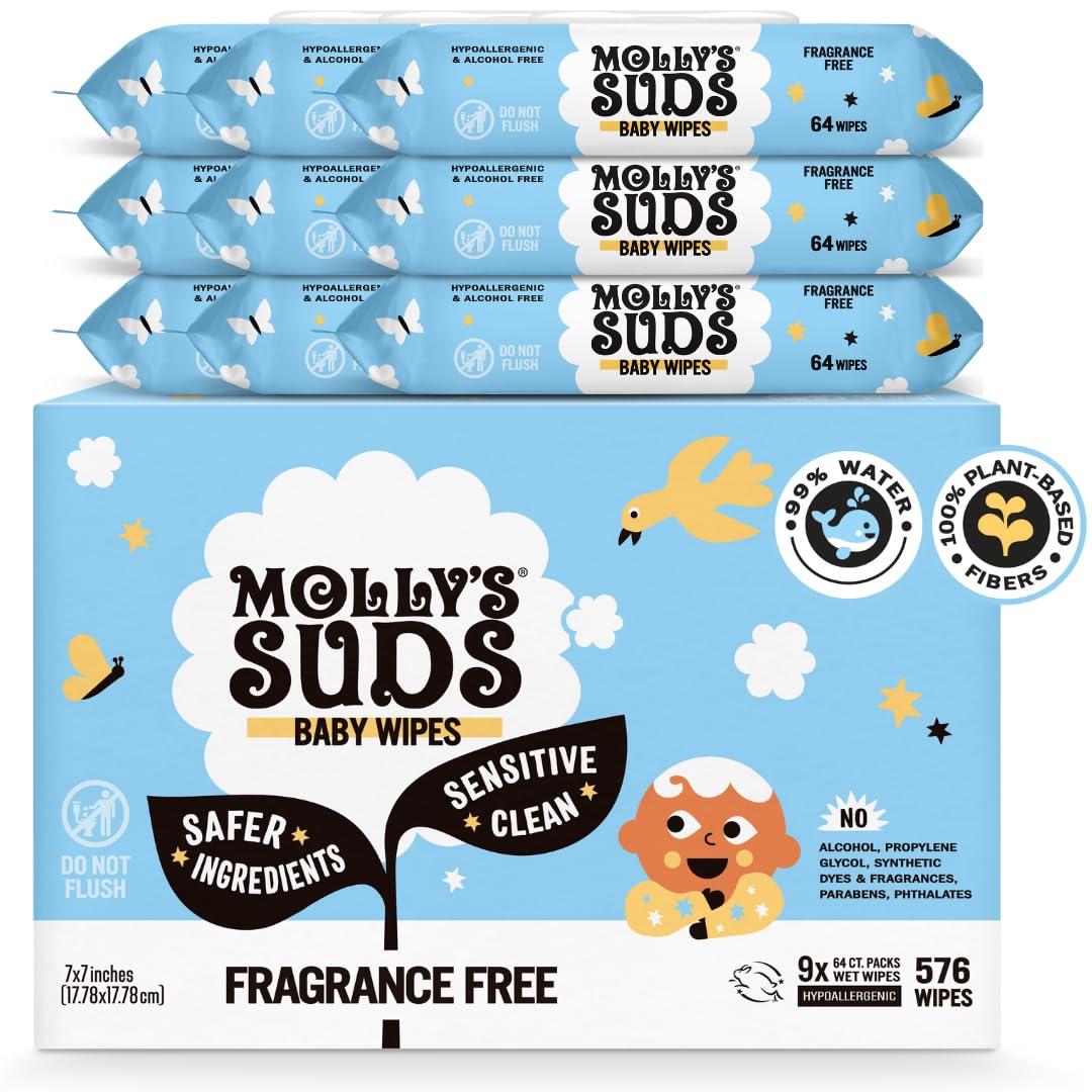 Molly's Suds Sensitive Clean Baby Wipes | 99% Water, Plant-Based, Fragrance Free | 576 Total Wipes (9 Flip-Top Packs)
