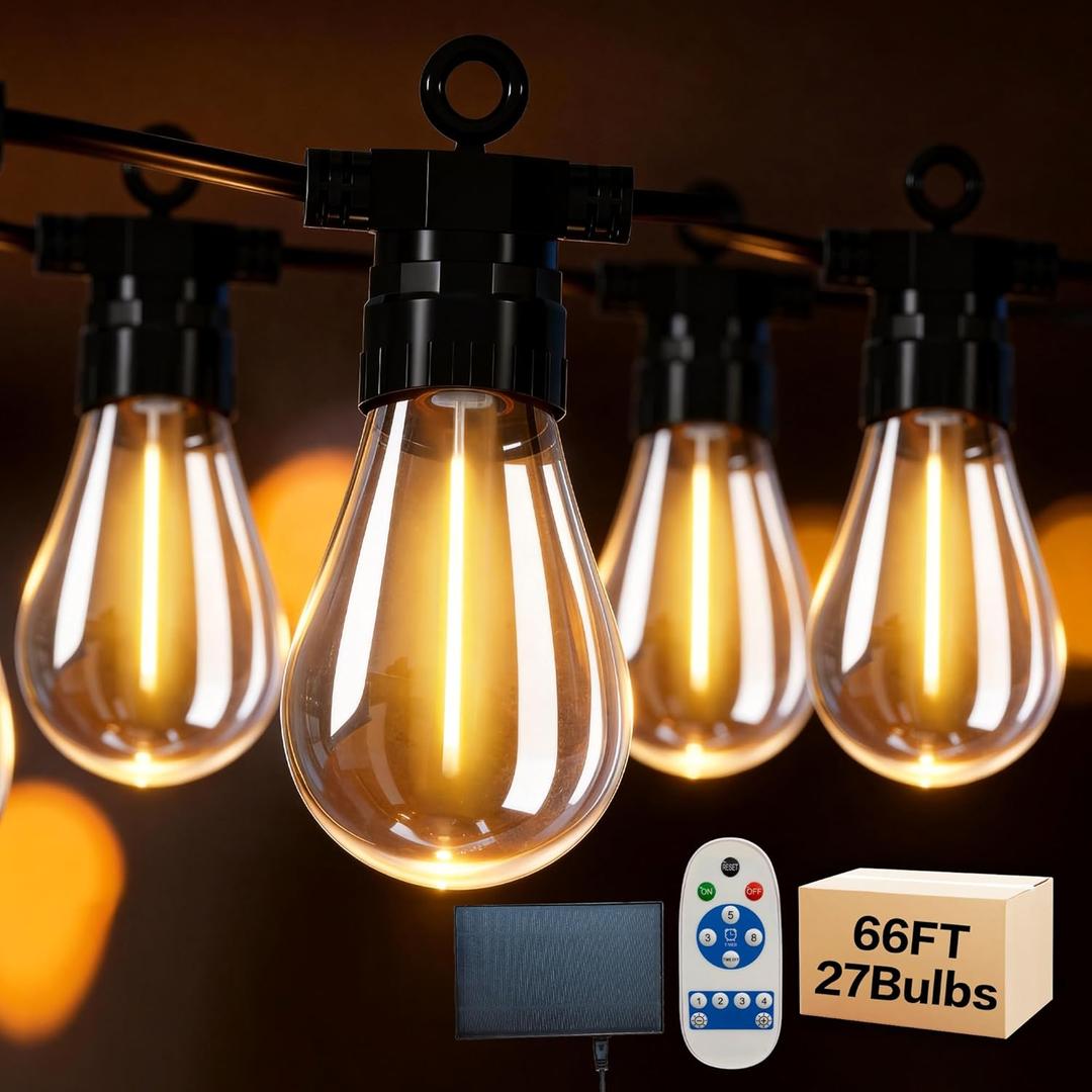 Solar Outdoor String Lights, 50FT 20 Bulbs IP65 Waterproof Patio Lights with Solar & USB-C Dual Charging, Remote Control with Timer, Edison LED String Lights for Garden, Yard, Party, Camping