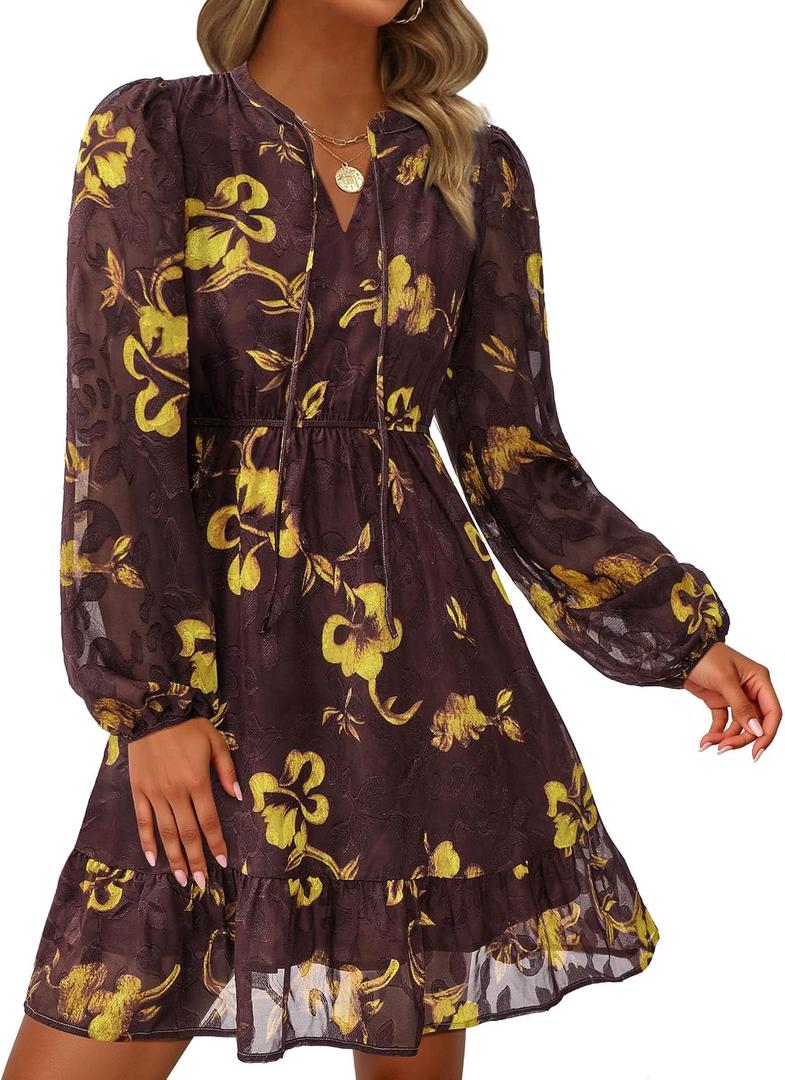 PRETTYGARDEN Women's Fall Boho Dresses 2026 Floral Long Sleeve V Neck Mini Flowy Wedding Guest Dress Trendy Vacation Outfits (S)