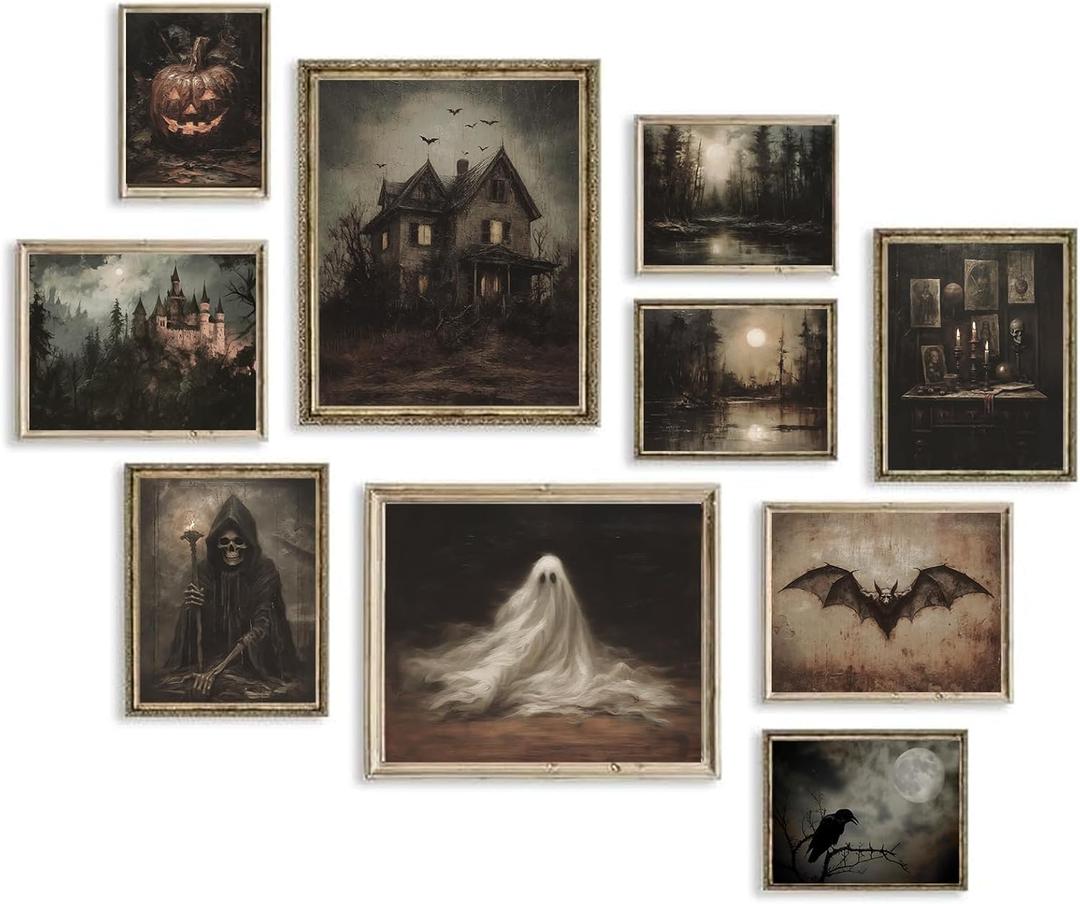 Dark and Moody Halloween Wall Art,Spooky Ghost Pictures Wall Decor for Home,Vintage Halloween Pictures Horror Creepy Ghost Prints,Witchy Aesthetic Posters Dark Academia Decor for Bedroom Bathroom,Unframed